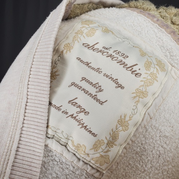 Abercrombie Fitch Hoodie Jacket Large Jrs Sherpa-Lined Cream V-Neck Moose Logo - Picture 3 of 9